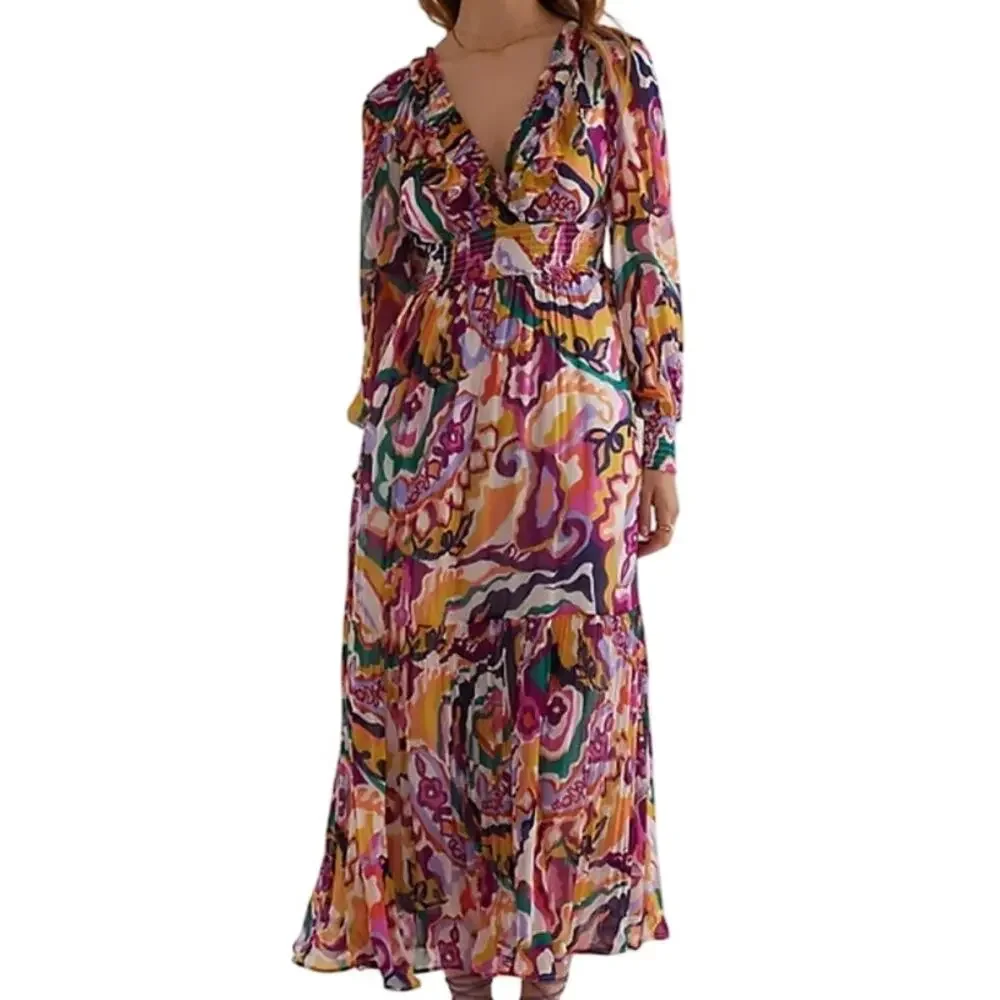 Anthropologie Ruffle Printed Maxi Dress Size 1X
